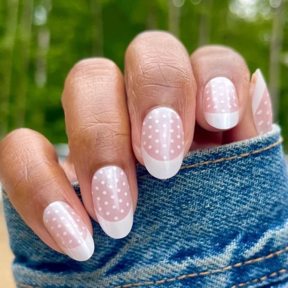 Olive & June Instant Mani Press-On Nails Iridescent Oval Polka Dot Tights French